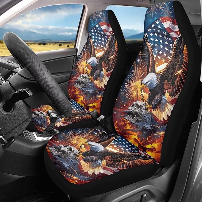 Car Seat Covers Set of 2 Waterproof Universal Skull Eagle Anniversary Front Car Seats Easy to Install Removable Automotive Accessories Suitable Fits Most Car Auto SUV Sedan Truck