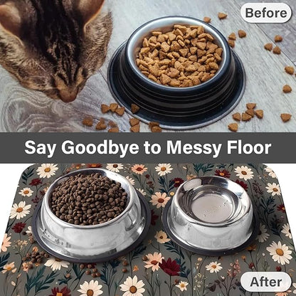 Patterned Cat & Dog Bowl Mat for Food and Water, 12"×20" Quick Dry Absorbent Pet Feeding Mat, Eco-Friendly Dog Placemat