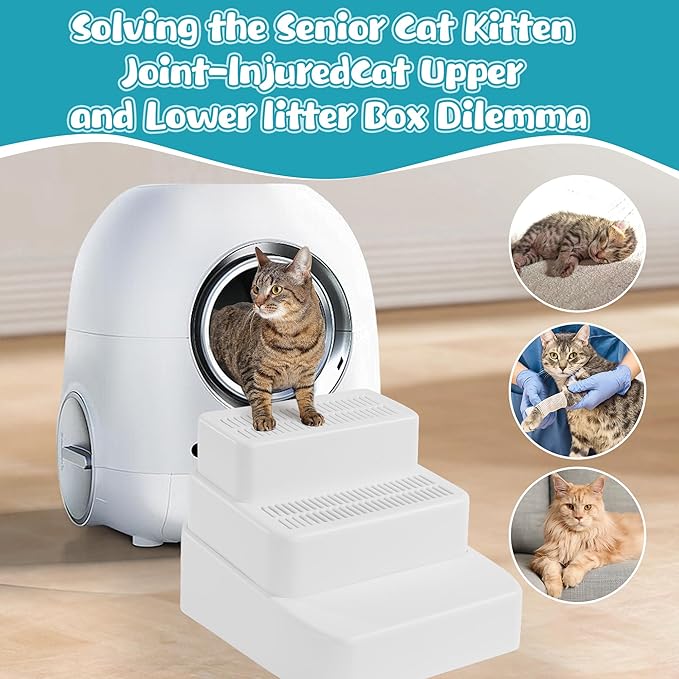 BALAPET Adjustable 3 Steps Litter Box Ramp with Filter Function, Detachable Litter Trapper, Easy Clean Cat Litter Stair for Small & Elderly Cats(White)