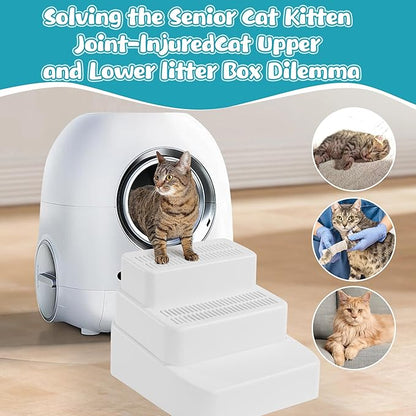 BALAPET Adjustable 3 Steps Litter Box Ramp with Filter Function, Detachable Litter Trapper, Easy Clean Cat Litter Stair for Small & Elderly Cats(White)
