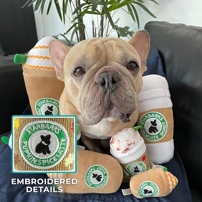 Haute Diggity Dog Starbarks Pupkin Spice Latte, Plush Designer Dog Toys with Interactive Squeaker, Stimulating Pet Enrichment, Machine-Washable & Safe Materials for All Breeds, One Size