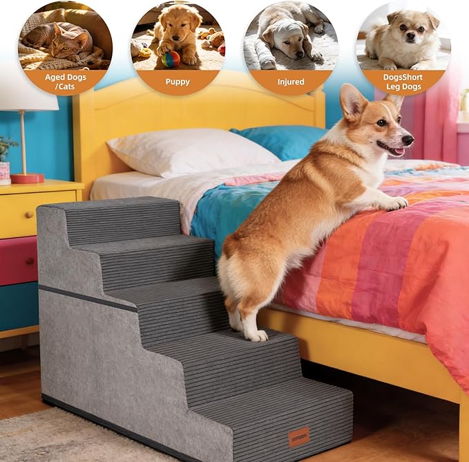 Dog Stairs for Small Dogs, 22.5" H, 5-Step Pet Steps for High Bed, Non-Slip Balanced Pet Ramp for Medium Cats,Indoor Dog Ladder, Grey