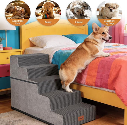 Dog Stairs for Small Dogs, 22.5" H, 5-Step Pet Steps for High Bed, Non-Slip Balanced Pet Ramp for Medium Cats,Indoor Dog Ladder, Grey