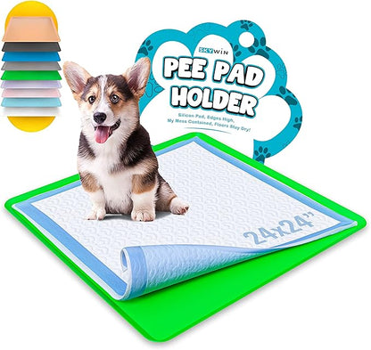 Skywin TidyFriend Dog Pee Pad Holder Tray - Fits Up to 24” x 24” Pee Pad Holder for Dogs - Stable Grip, Raised Edges, Quick-Wipe Silicone Surface Dog Pad Holder for Indoor Flooring Protection (Green)