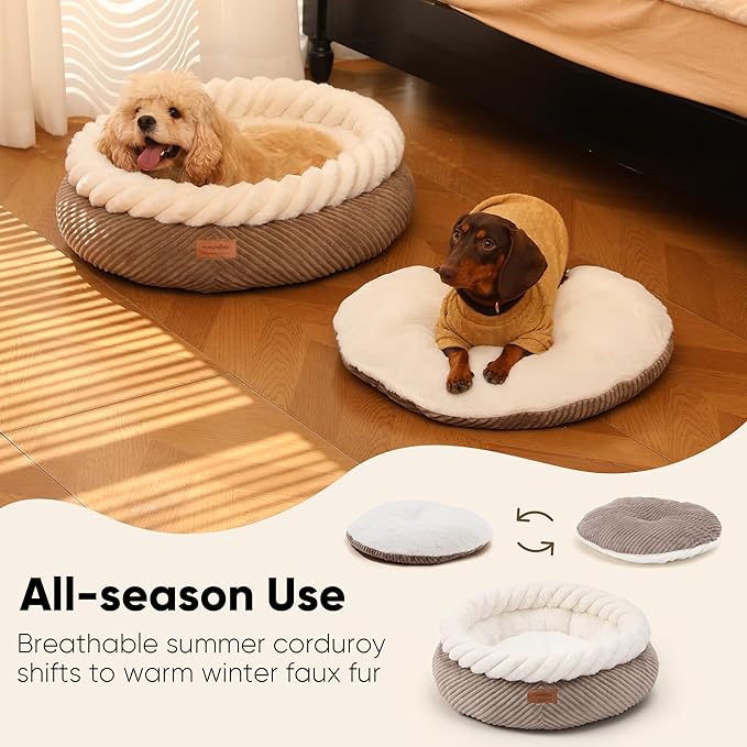 FUKUMARU Dog Bed, Calming Donut Dog Beds, Plush Faux Fur&Corduroy Cat Beds, Cute Round Washable Pet Bed for Large Cats and Small Dogs, Cat Cave with Anti-Slip Bottom, 25inch, Camel
