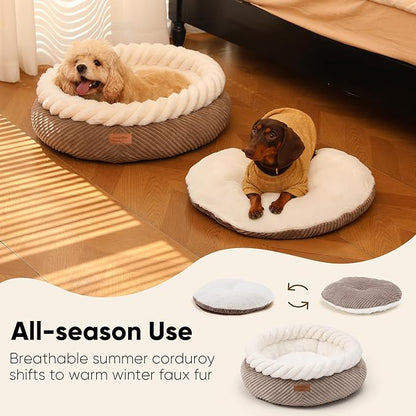 FUKUMARU Dog Bed, Calming Donut Dog Beds, Plush Faux Fur&Corduroy Cat Beds, Cute Round Washable Pet Bed for Large Cats and Small Dogs, Cat Cave with Anti-Slip Bottom, 25inch, Camel