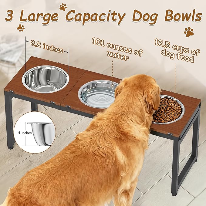 Elevated Dog Bowls Large Breed,Adjustable Raised Dog Bowl Stand,Stainless Steel 3 Bowl Dogs Feeding Station,12.5cup/101oz Each Food Water Bowl(Iron Holder,Wooden Platform,Grained Oak)