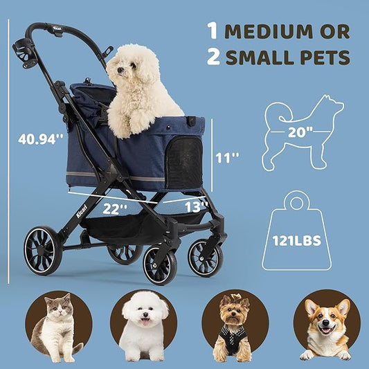 All-Terrain Dog Stroller for Small to Medium Dogs, Pet Stroller for Dogs & Cats Outdoor Walks, One-Hand Easy Fold, Double-Layer Anti-UV & Waterproof Canopy & Breathable Mesh, Midnight Blue