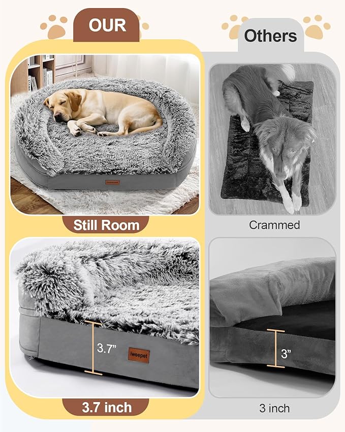 Fluffy 3.7 inch Thickened Orthopedic Dog Beds for Jumbo Dogs, Curved Bolster Support Dog Couch with Removable & Washable Cover, Orthopedic Oval Memory Foam, Non Slip Bottom,Grey
