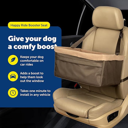 PetSafe Happy Ride Booster Seat for Dogs - Open Road Comfort - Safe Tether System - Zipper Pouch Dog Seat - Machine Washable Fleece Liner - Easy Install Design - Brown - Up to 25 lb