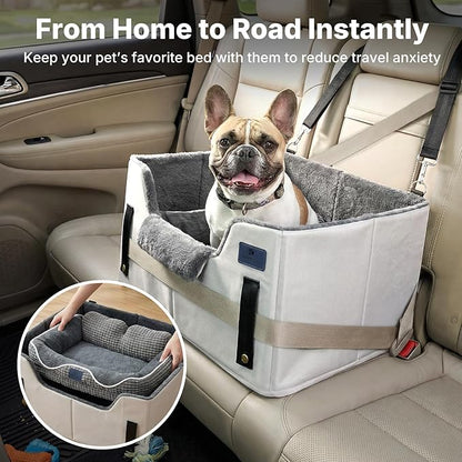 Veehoo 2-in-1 Dog Booster Car Seat & Pet Bed for Small Medium Dogs up to 50lbs, Foldable Travel Car Seat with Safety Leash, Non-Slip Removable Washable Cover