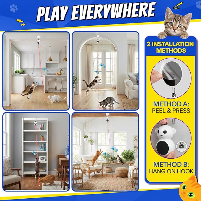 Interactive Cat Toys for Indoor Cats - 2 in 1 Automatic Laser Pointer Cat Toy with Feather Flying Bird, Smart Moving Mouse Wand Toy, Auto On/Off Hanging Toys for Bored Kitten & Adult Cats(Grey)
