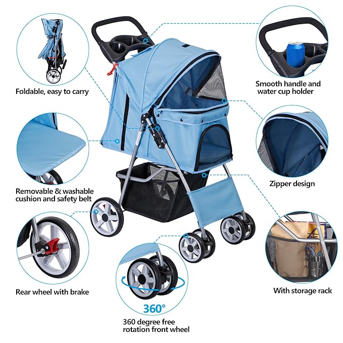 4 Wheels Pet Stroller, Foldable Dog Cat Stroller for Small Medium Dogs Cats, Travel Carrier with Storage Basket and Cup Holder, Waterproof and Lightweight (Blue)