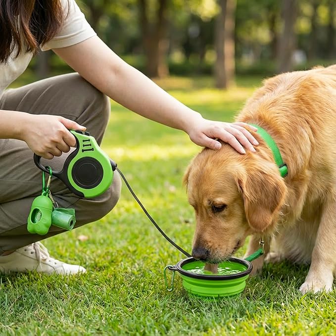 PETIMP Retractable Dog Leash Lightweight 16FT Leash, with Folding Bowl,Dispenser,Waste Bags, for Small Medium Dogs(Green)