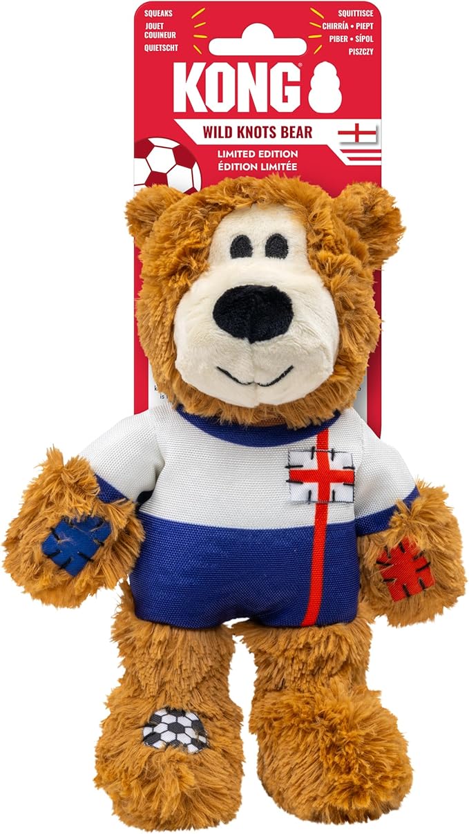 KONG Wild Knots Bear Soccer Player Dog Toy – England – National Team Jersey Inspired – International Tournament Edition – Plush Rope Toy with Squeaker, Medium/Large