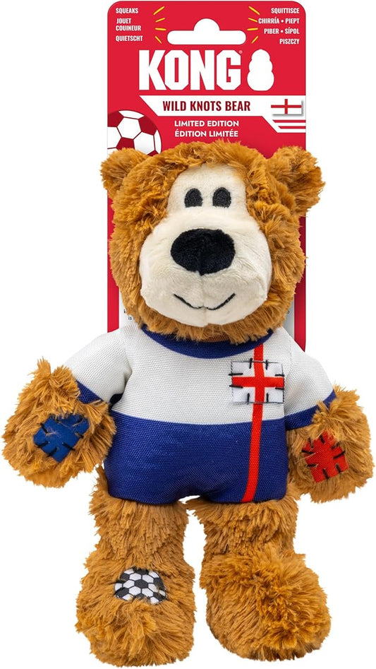 KONG Wild Knots Bear Soccer Player Dog Toy – England – National Team Jersey Inspired – International Tournament Edition – Plush Rope Toy with Squeaker, Medium/Large