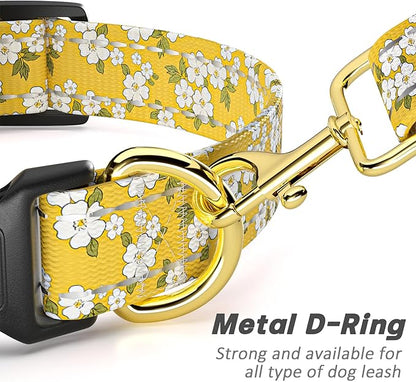 Reflective Dog Collar for Medium Dogs, Cute Flower Theme Adjustable Heavy-Duty Nylon Puppy Collar for Boy and Girl Female, Soft Pet Accessories with Quick Release Buckle, Yellow