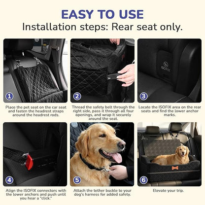 Dog Car Seat for Medium Large Dogs, 4" Elevated Dog Booster Seat with ISOFIX Safety Fixation, Washable Cover & High Density Memory Foam, Portable for Car Front/Rear/Trunk Home Outdoor Use (Jet Black)