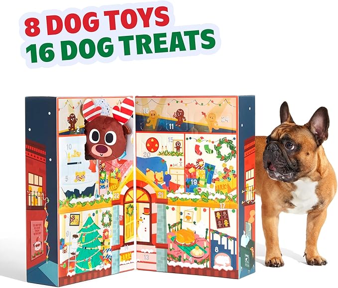 Barkbox Dog Advent Calendar – Holiday Gift Box with 8 Festive Plush Dog Toys & 16 Bakery-Style Treats – Squeaky, Fluffy & Crunchy Surprises for Small to Large Dogs