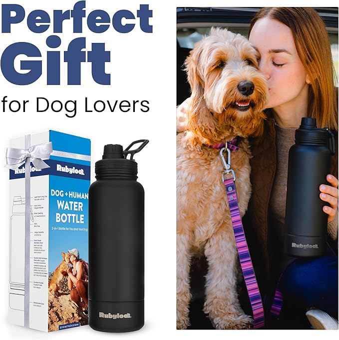 Dog Water Bottle for Dog Lovers - 32 oz Stainless Steel Double Wall Insulated Water Bottle with 8 oz Detachable Bowl on Bottom for Doggy Mom & Dad for Hiking, Walks, Travel - Black