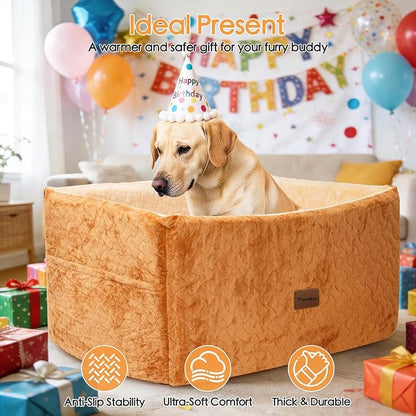 Dog Car Seat for Large Medium Dogs up to 60 lbs – Elevated Dog Booster Seat for Cars with Extra-Safe 14in High Front, Memory Foam Cushion, Washable Cover, Backseat Pet Car Bed (Brown)