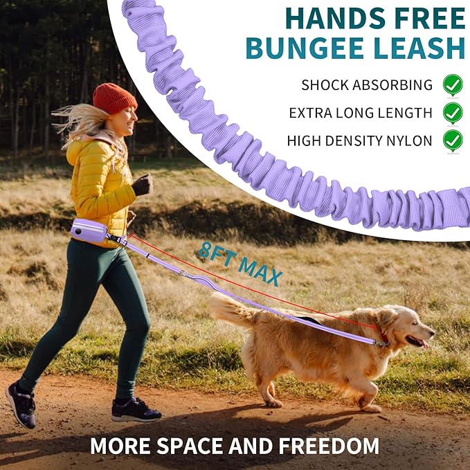 Hands Free Dog Leash with Removable Zipper Pouch, Dual Padded Handles and Durable Bungee for Walking, Jogging and Running-Your Dog (Large, 35-140 lbs Purple