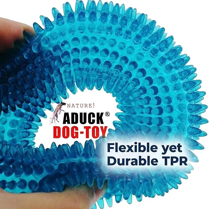 ADUCK Dog Squeaky Chew Toys for Aggressive Chewers, Small Medium Large Dogs Teeth Cleaning Soft Natural Rubber Float Toy for Indoor Outdoor Water Pool, Donut Ring Design 4.92 inch, Crystal Blue