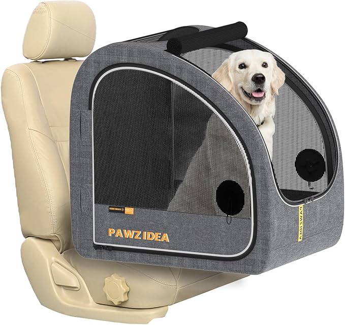 PAWZIDEA Portable Dog Crate for Car Travel, Collapsible Pet Travel Crates for Medium & Large Dogs, Enclosed Soft-Sided Car Kennel Carrier for Backseat, Secures w/Seatbelt & Headrest Strap, Chew-Proof
