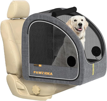 PAWZIDEA Portable Dog Crate for Car Travel, Collapsible Pet Travel Crates for Medium & Large Dogs, Enclosed Soft-Sided Car Kennel Carrier for Backseat, Secures w/Seatbelt & Headrest Strap, Chew-Proof