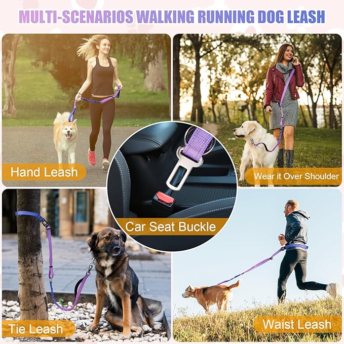 Heavy Duty Hands Free Dog Leash, 5-7 FT Reflective Adjustable Waist Dog Leash Belt with Padded Handles, Shock Absorbing Bungee and Car Seat Belt for Large Medium Dogs (Purple Blue, XL)