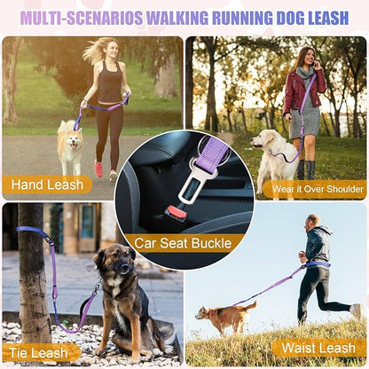 Heavy Duty Hands Free Dog Leash, 5-7 FT Reflective Adjustable Waist Dog Leash Belt with Padded Handles, Shock Absorbing Bungee and Car Seat Belt for Large Medium Dogs (Purple Blue, XL)