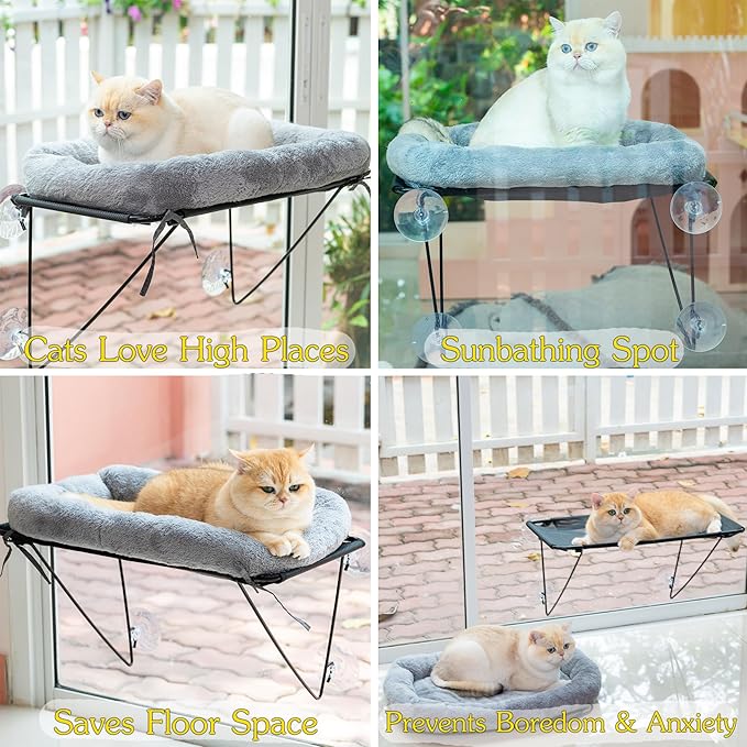 ROOVE Cat Window Perch – Luxury Cozy Hammock with Ultra-Soft Cover, Sturdy Metal Frame & 4 Strong Suction Cups, Durable Window Bed for Large Indoor Cats & Kittens to Lounge, Rest, and Observe (Grey)