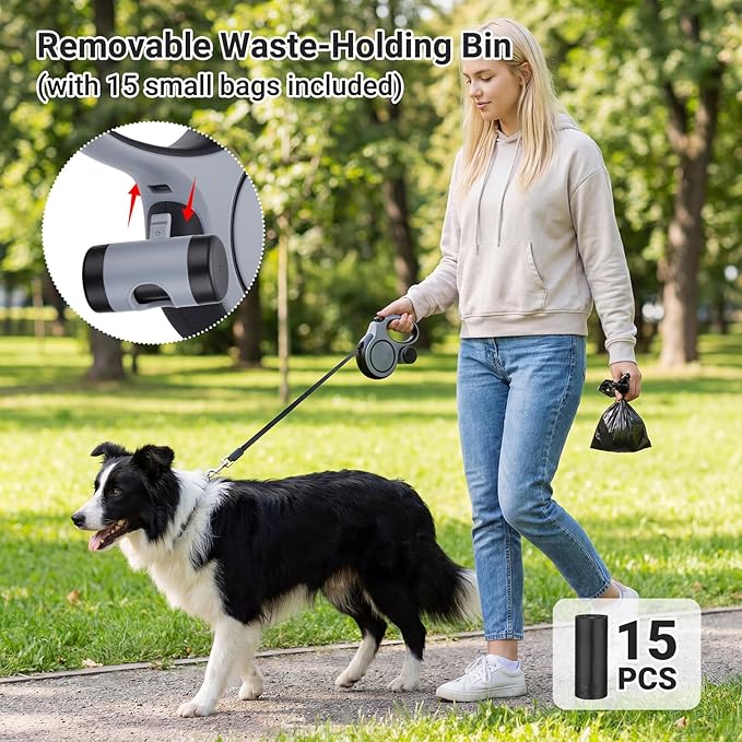 Segarty 16 Ft Retractable Leash with Waste Bag Dispenser, 5m Dog Leash with Anti-Slip Handle 360°Tangle-Free Retraction for Pet up to 66 Lbs, Durable Walking Accessory with One-Handed Brake Pause Lock