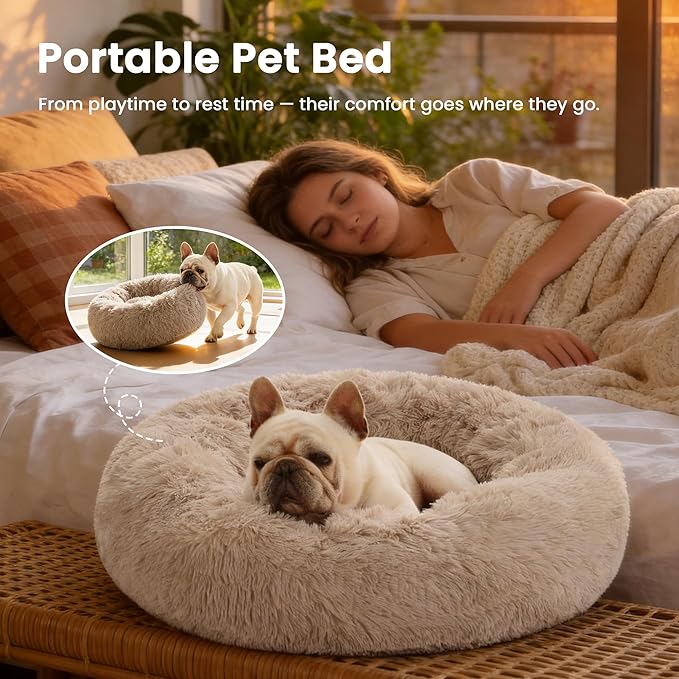Love's cabin Calming Dog & Cat Bed, Cat Bed for Indoor Cats, Anti-Anxiety Donut Round Bed, Fluffy Warming Pet Bed for Small Medium Dogs and Cats, Beige Taupe 20"/24"