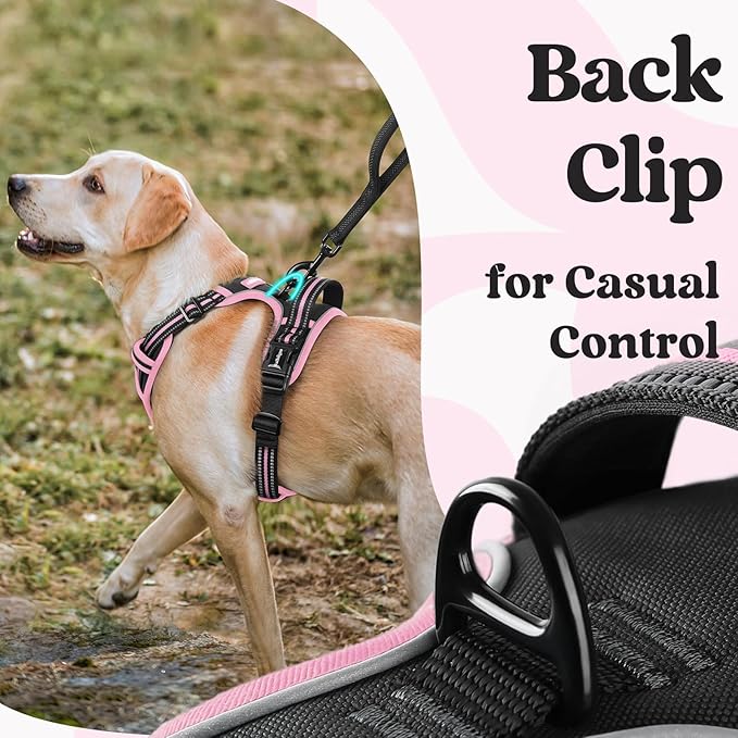 rabbitgoo Dog Harness for Large, No Pull Pet Harness with 3 Buckles, Adjustable Soft Padded Vest with Control Handle, Walking Reflective Pet Vest for Large Dogs, Black & Pink, L
