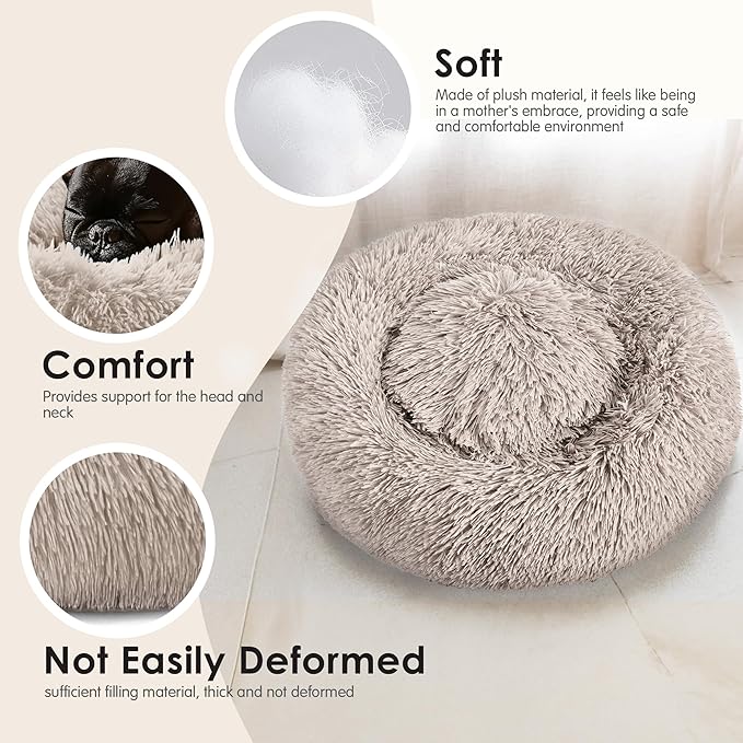 28in Large Dog Bed, Medium Size Dog and Cats, Calming Donut Bed for Puppy and Kitten, Washable Round Fluffy Pet Bed (Brown)