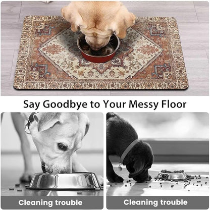 Dog Food Mats for Floors, Absorbent and Quick-Drying Pet Cat Food Mat,Anti-Fouling and Easy-to-Clean Pet Feeding Mat,Dog Bowl Mat for Messy Drinking Water Bowls.16 x24, Bohemia Style