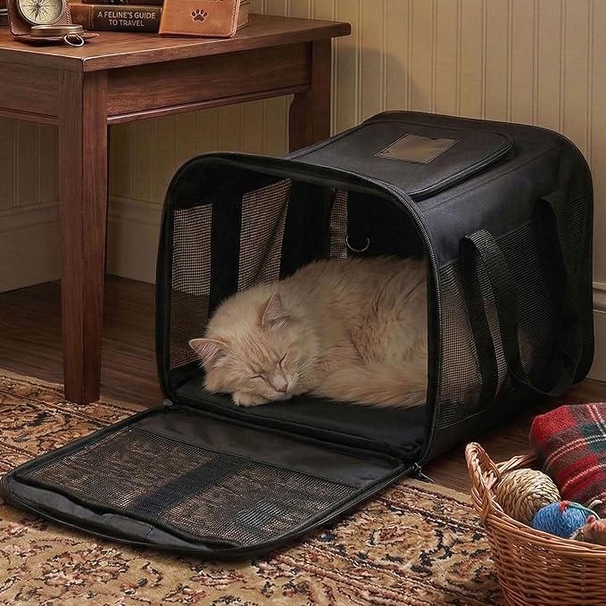 Cat Carrier Airline Approved, Soft-Sided Dog Carrier with Inner Safety Leash, Pet Transport Carrier for Small-Medium Cats Puppies up to 15 Lbs, Collapsible Travel Kitten Carrier Bag -BlackM