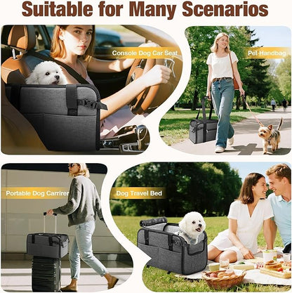 YUDODO Large Dog Car Seat for Center Console (Width＞9.5in) Fits 10-18lbs, Anti-Slip Puppy Cat Travel Portable Booster Seat, Luxury Pet Car Bed Carseat PU Leather Gray