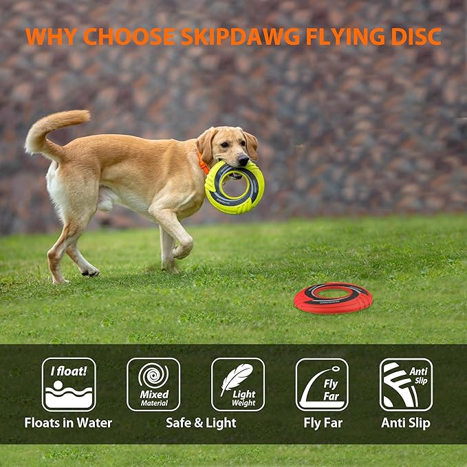 SKIPDAWG Interactive Dog Flying Disc 2 Pack, Pet Flying Disc Floats in Water, Diameter 9” Soft Dog Toy for Outdoor Exercise Training, Safe Light TPR/Nylon Fabric Pet Toys, Green and Red Colors