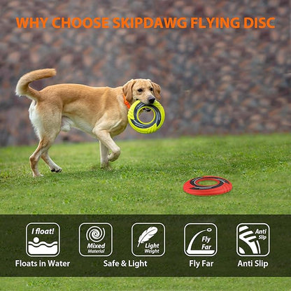 SKIPDAWG Interactive Dog Flying Disc 2 Pack, Pet Flying Disc Floats in Water, Diameter 9” Soft Dog Toy for Outdoor Exercise Training, Safe Light TPR/Nylon Fabric Pet Toys, Green and Red Colors