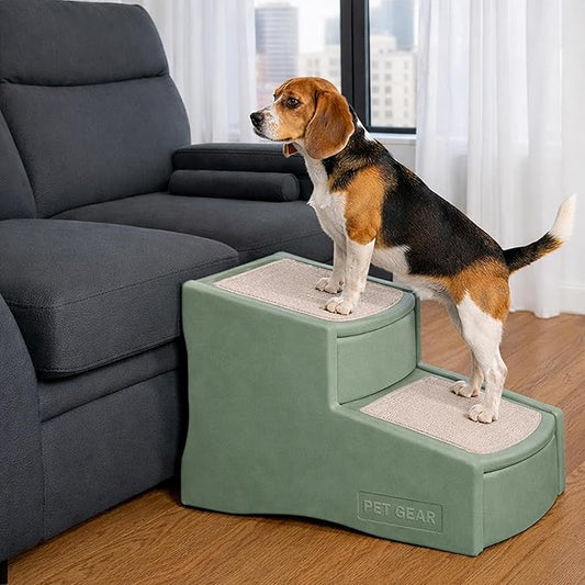 Pet Gear Easy Step II Pet Stairs, 2 Step for Cats/Dogs up to 150 Pounds, Portable, Removable Washable Carpet Tread, No Tools Required, Green Clover