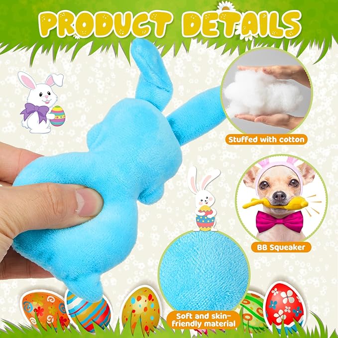 Leyndo 24 Pieces Plush Easter Bunny Dog Toys 6 Inch Pastel Colors Bunny Shaped Easter Dog Squeaky Toys for Pet Gifts Teething Chew Supplies