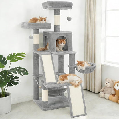 Multi-Level Cat Tree for Indoor Cats, Cat Tower with 2 Scratching Boards, 2 Plush Padding Platforms, Cat Condo House with Hammock, Basket, Light Gray GCT022W