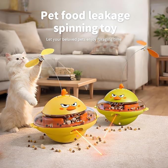 hooroor 4-in-1 Automatic Cat Toy, Interactive Laser & Feather Teaser with Bird Sounds & Treat Reward, Self-Balancing 360° Spinning Enrichment Exercise Toy for Bored Indoor Cats & Kittens