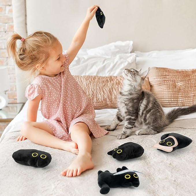HubirdSall 5Pcs Cute Black Cat Catnip Crinkle Paper Sound Toys Gift for Cats, Catmint Teething Chew Kick Interactive Toy with Bread for Indoor Kitty, Soft Funny Pet Presents Supplies for Kitten Lover