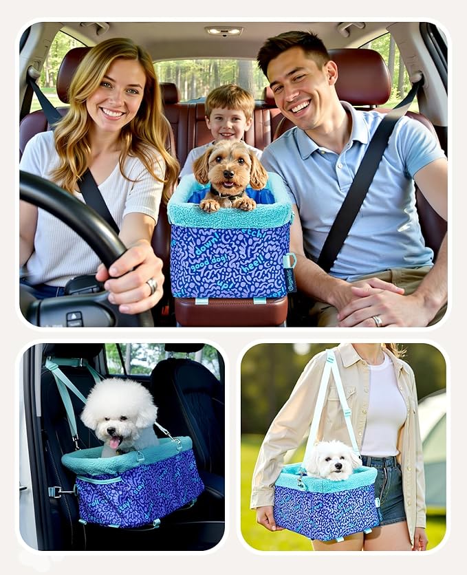BurgeonNest Center Console Dog Car Seat for Small Dogs, Puppy Cat Car Seat Booster with Soft Cushion Safety Belt, Seats Safe & Cozy Metal Frame Armrest Dog Booster Pet Under 11 lbs (Word)