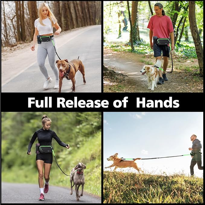 Hands Free Dog Leash, Adjustable Waist Leash for Walking with Dual Bungees Padded Handle, Shock Absorbing Hands Free Belt for Small Medium-Sized Dogs Outdoor Activities, Black + Green