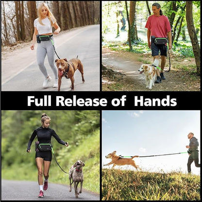 Hands Free Dog Leash, Adjustable Waist Leash for Walking with Dual Bungees Padded Handle, Shock Absorbing Hands Free Belt for Small Medium-Sized Dogs Outdoor Activities, Black + Green