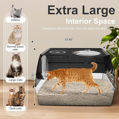 Stainless Steel Litter Box 24" with Lid, XL Extra Large Litter Box, Enclosed Top Entry Metal Litterbox for Big Cat, Easy Cleaning, Anti-Leakage & High Sided with Mat, Aisle & Scoop Black